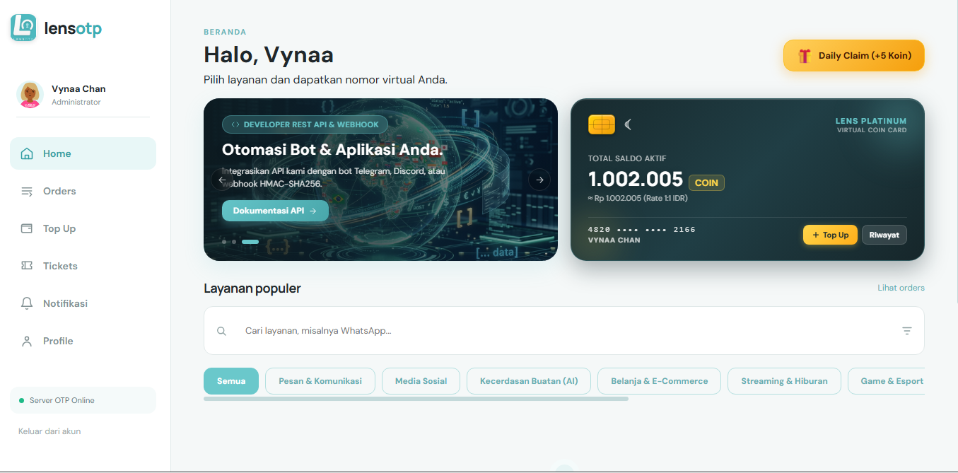 Source Code Website Lens OTP - Layanan Nomor Virtual dan Verifikasi SMS OTP Instant screenshot 2
